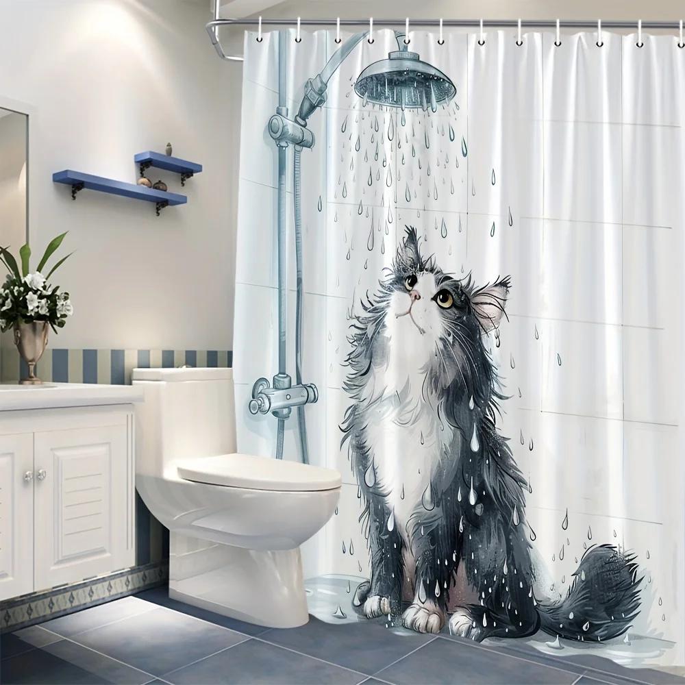 Funny Black Cat Shower Curtain - Adorable Cat Design, Polyester Fabric,  Includes Hooks, Playful Bathroom Decor