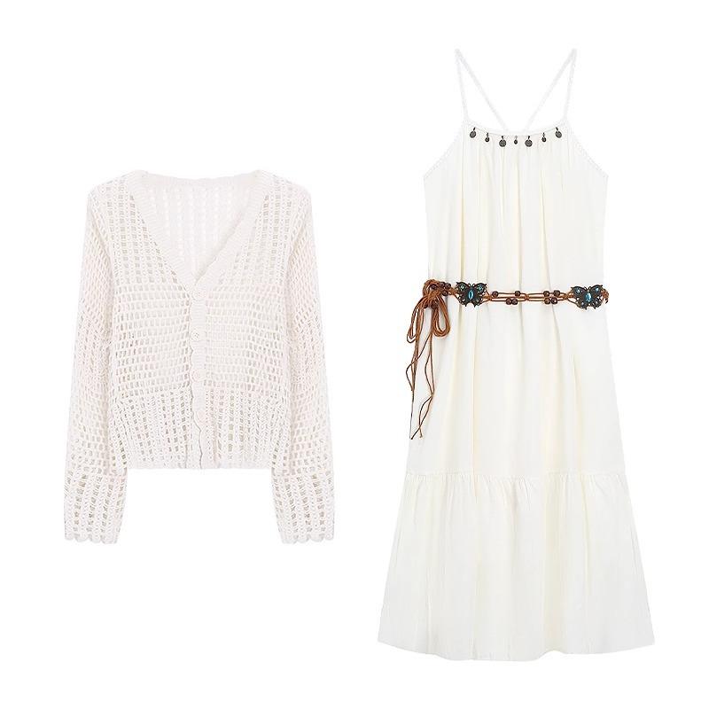 Seaside vacation style suit temperament waist suspender dress women's summer knitted hollow cardigan top two-piece set