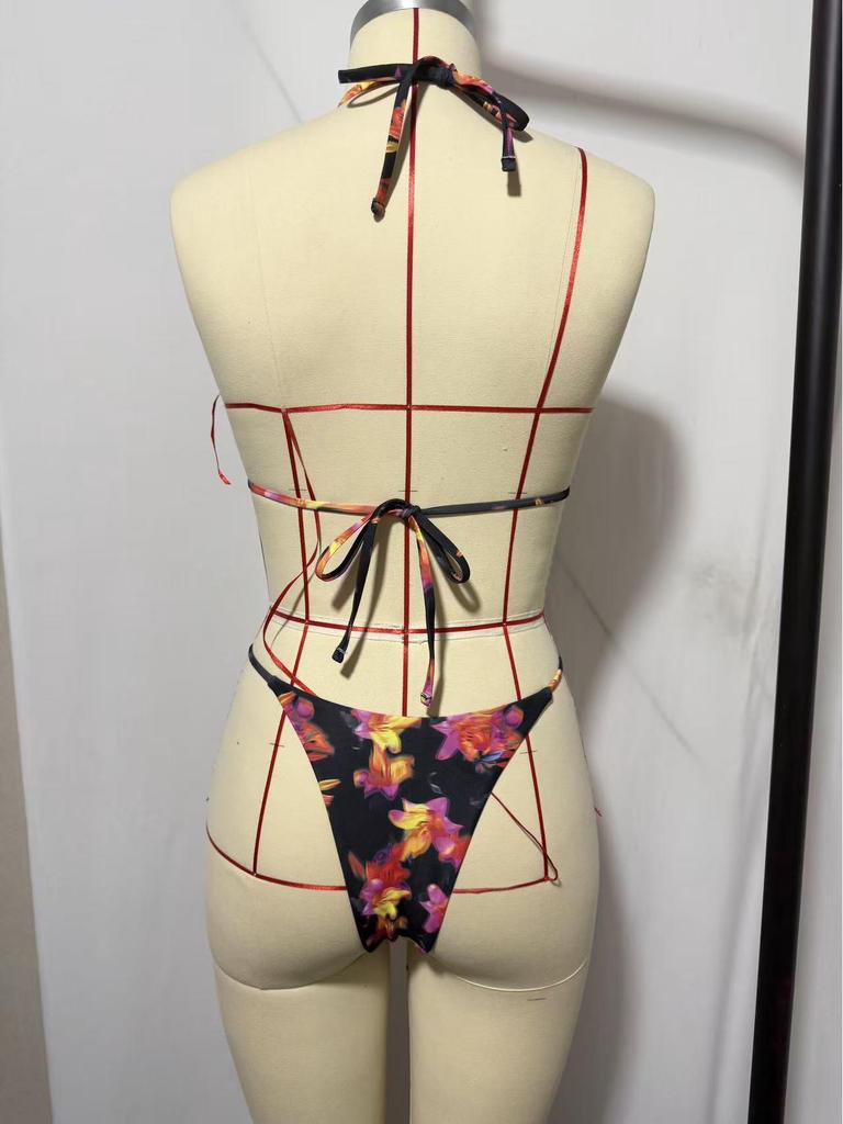 European & American Triangle Tie-Up Print Bikini Swimsuit for Women