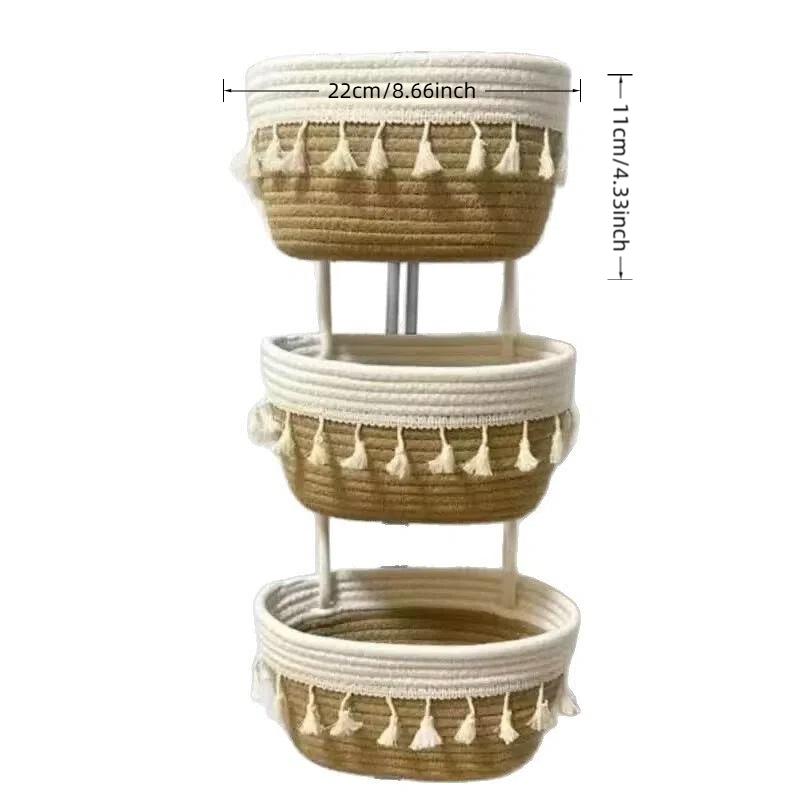

3-Tier Woven Cotton Hanging Baskets Wall-Mounted Storage Organizer for Kitchen Living Room Bedroom Nursery Decorative Organizing