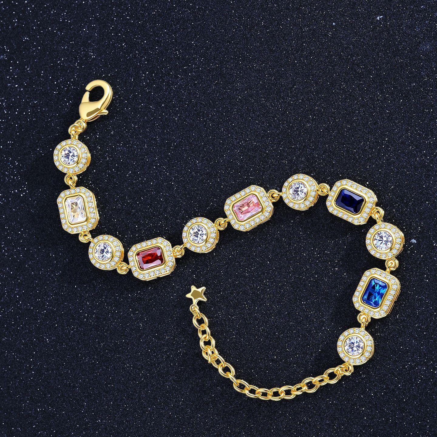 

Hip Hop Necklace Vintage Color Zircon Geometric Sugar Cube Bracelet Temperament 7inch платиновый