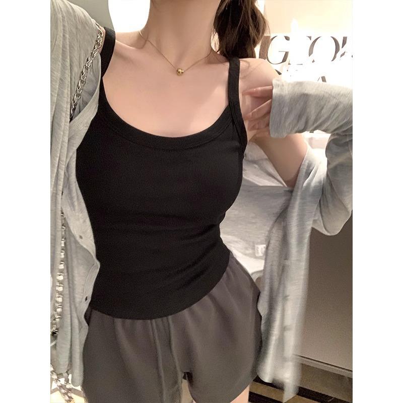 Black Ribbed Camisole Top with Built in Bra and Wide Straps onesize чёрный