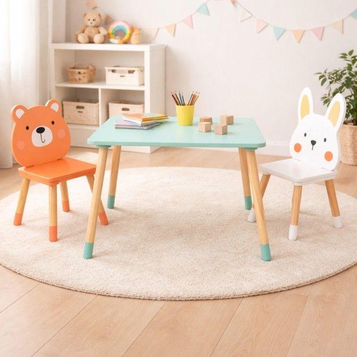 Table Enfant Bois avec 2 Chaises GINGER HOME Motif Ours et Lapin Ensemble Jeu et Apprentissage