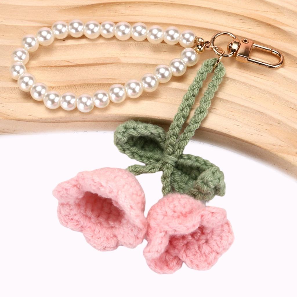 Handmade Lily of the Valley Crochet Keychain with Pearls Soft Yarn Texture Fashion Key Holder Suitable for Bags and Keys
