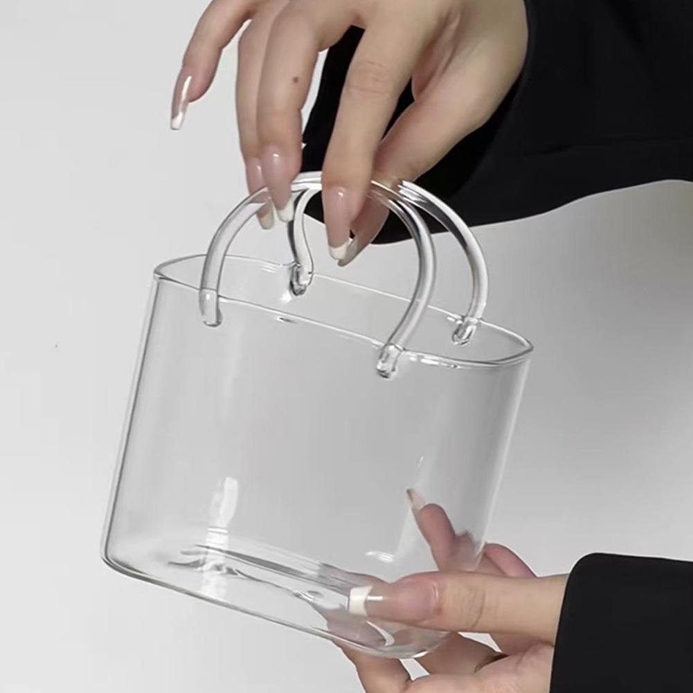 Glass Drinkware Glass Purse with Straw Drinks Creative Handbag Shaped Cocktail Whiskey Glass Cups for Fruit Juice Tea Flowers