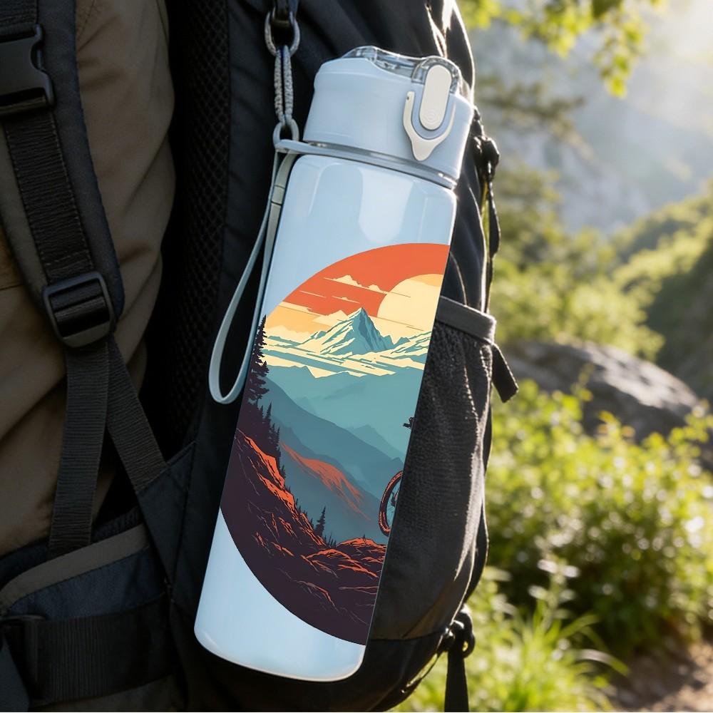 1PC Mountain Biker Sunset Retro Print 750ml Color Plastic Sports Water Bottle Leakproof Flip Straw Lid Suitable for Sports Office Home Use
