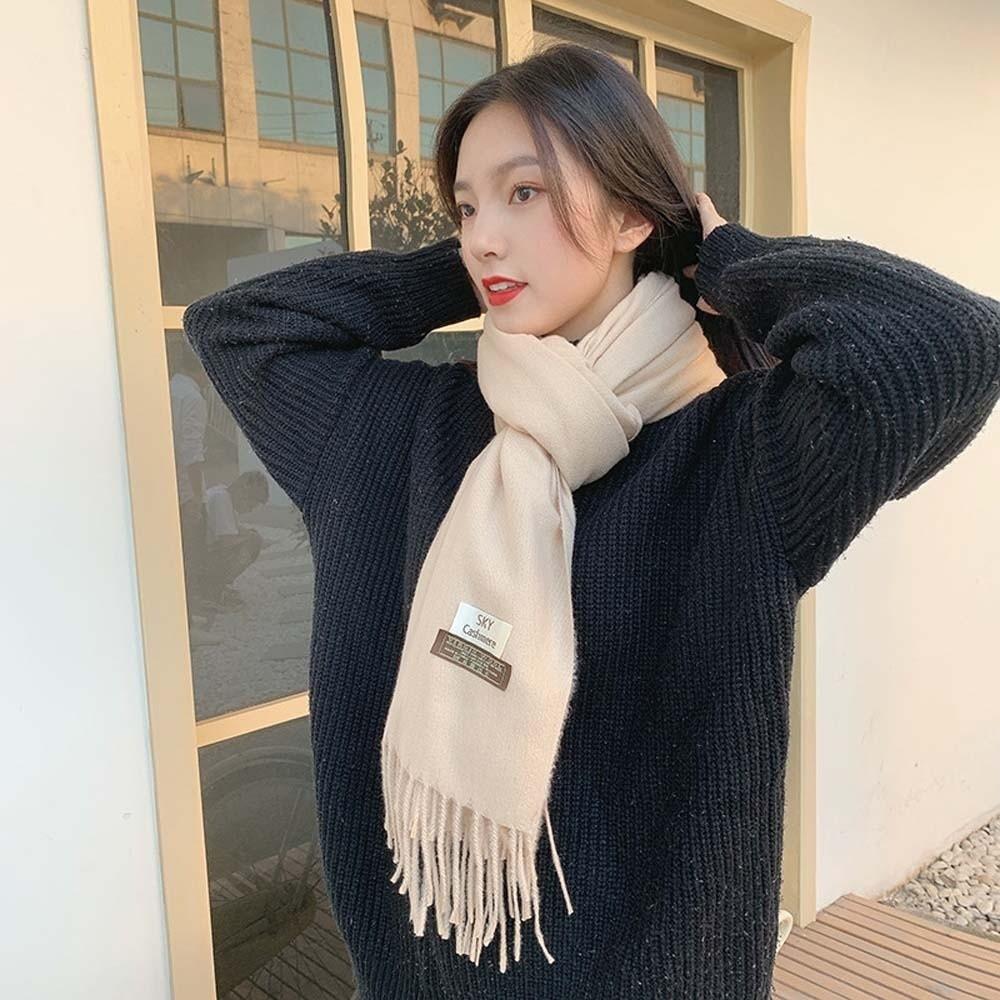 Soft Classic Wool Scarf Windproof Long Neckscarf with Tassel Cold-proof Solid Color Shawl Outdoor