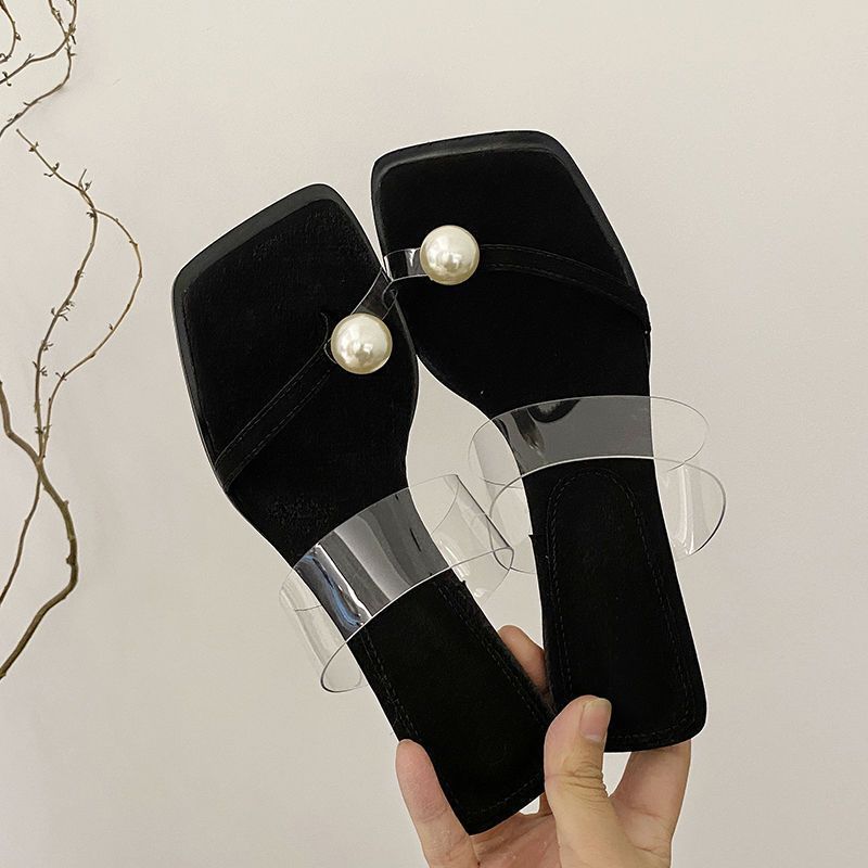 One Word with Transparent Sandals Female 2025 Explosion Summer Temperament Small Feet High Heels Fairy Style Pearl Cool Slippers