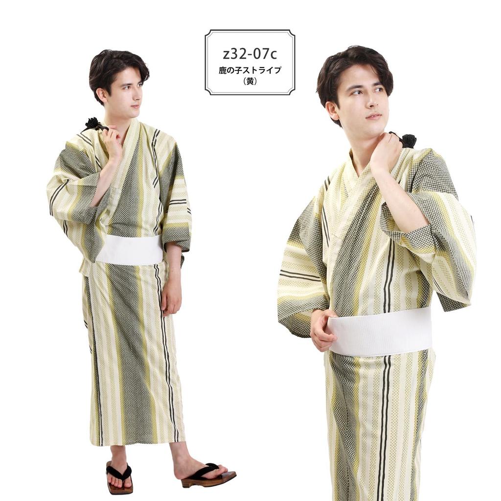 Fuuka Yukata Set Includes Waist and Geta Size Yellow and Cream with Pique Stripes Square Z3207CLB248 Men's (4 Pieces) - Obi, Cord, (Geta Clogs) - L,