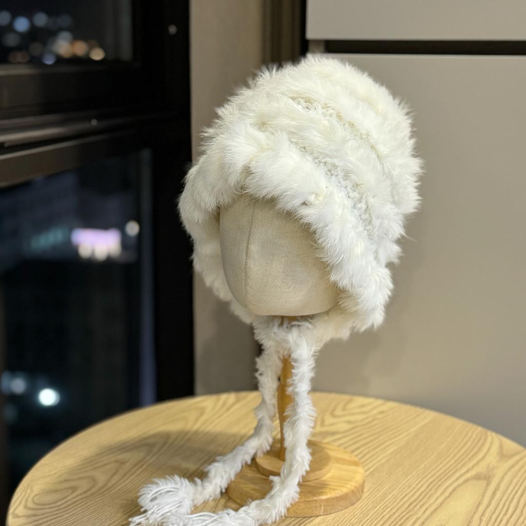 Rabbit fur thick plush ear protection hat, autumn and winter thick warm tassel knitted hat, large head circumference fluffy hat