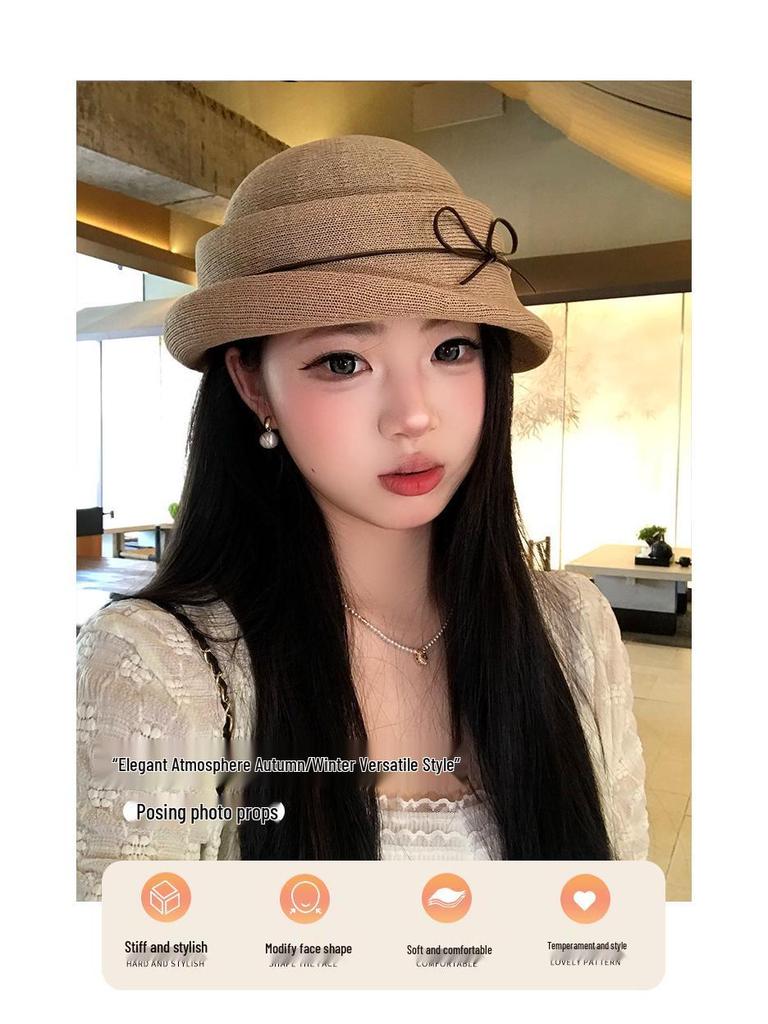 French Hepburn-Style Bowknot Women's Elegance: Rolled Brim Formal Bucket Hat