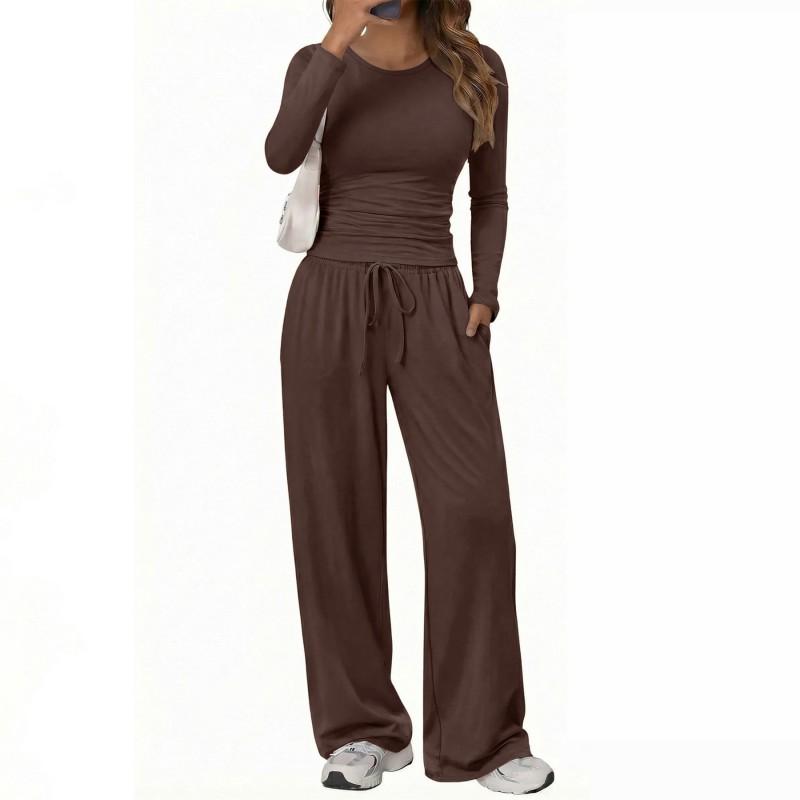 Womens 2-Piece Casual Set Long Sleeve Top Wide Leg Pants Solid Color Daily Wear