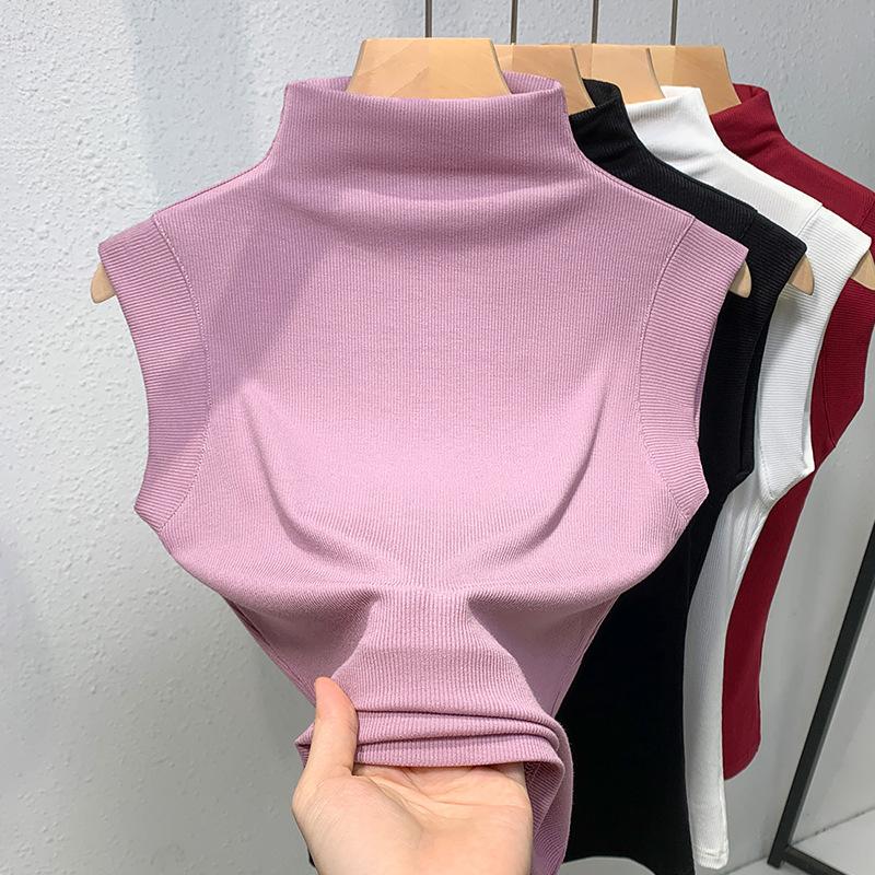 Threaded Bottoming Shirt Women's New Women's Temperament Semi-turtleneck Threaded Vest Sleeveless Vest Top