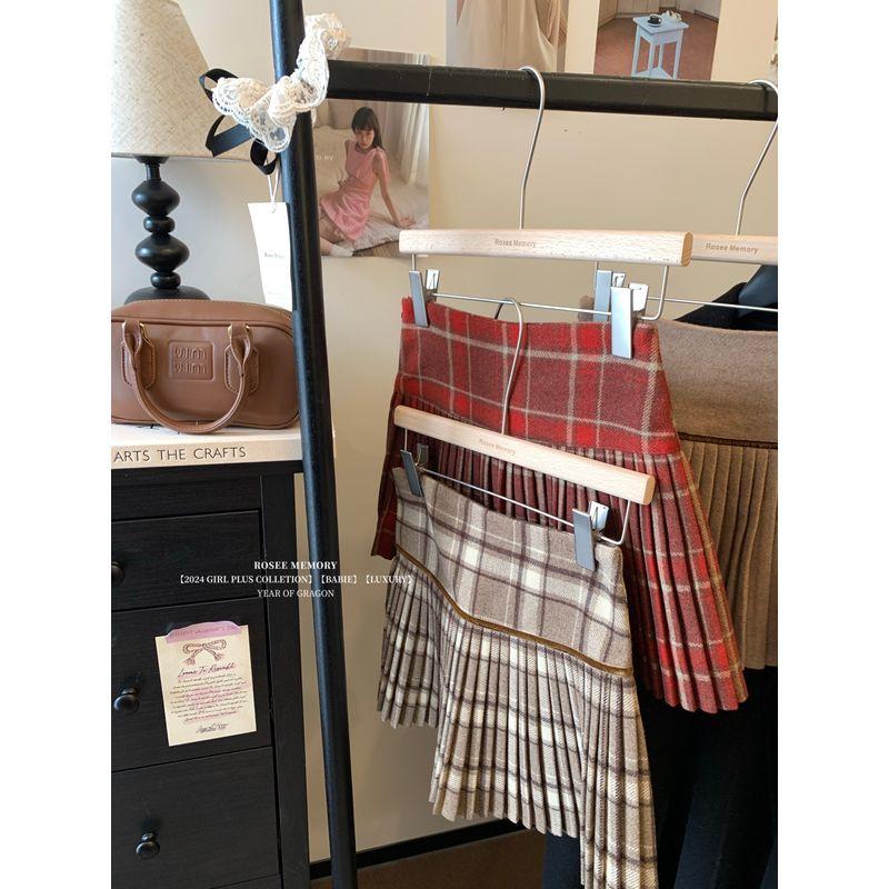 Kumikumi Retro Contrast Color Check Skirt Pleated Skirt Women's Autumn High Waist Woolen Easiest for Match A- line Skirt Skirt