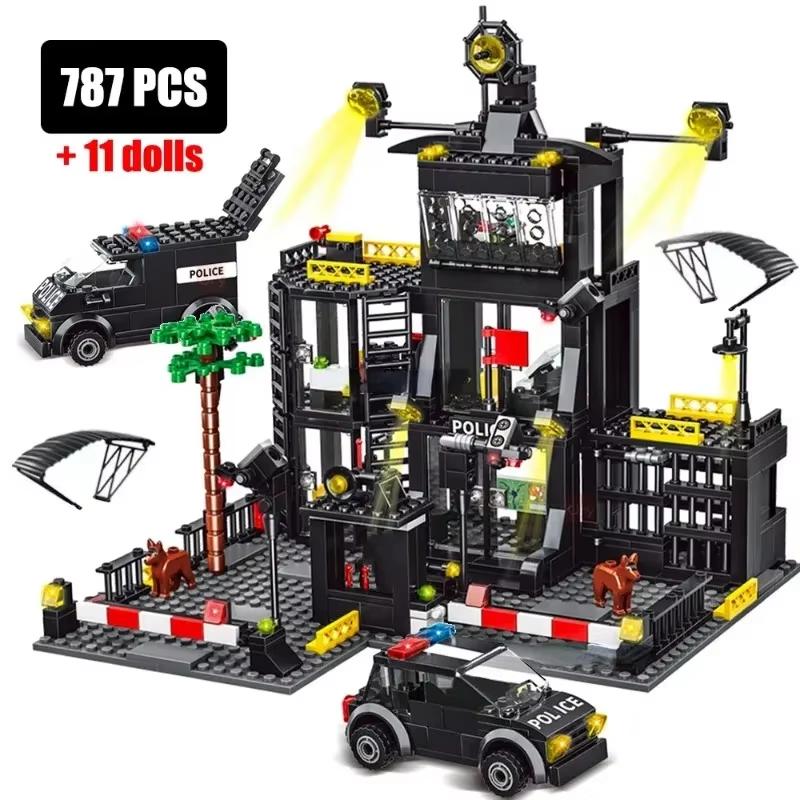 1000+ Stück SWAT Polizeistation Militär Bausteine Stadt Modell Set Gefängnis Auto Polizist Boot Figuren DIY Stein Spielzeug für Geschenk gray