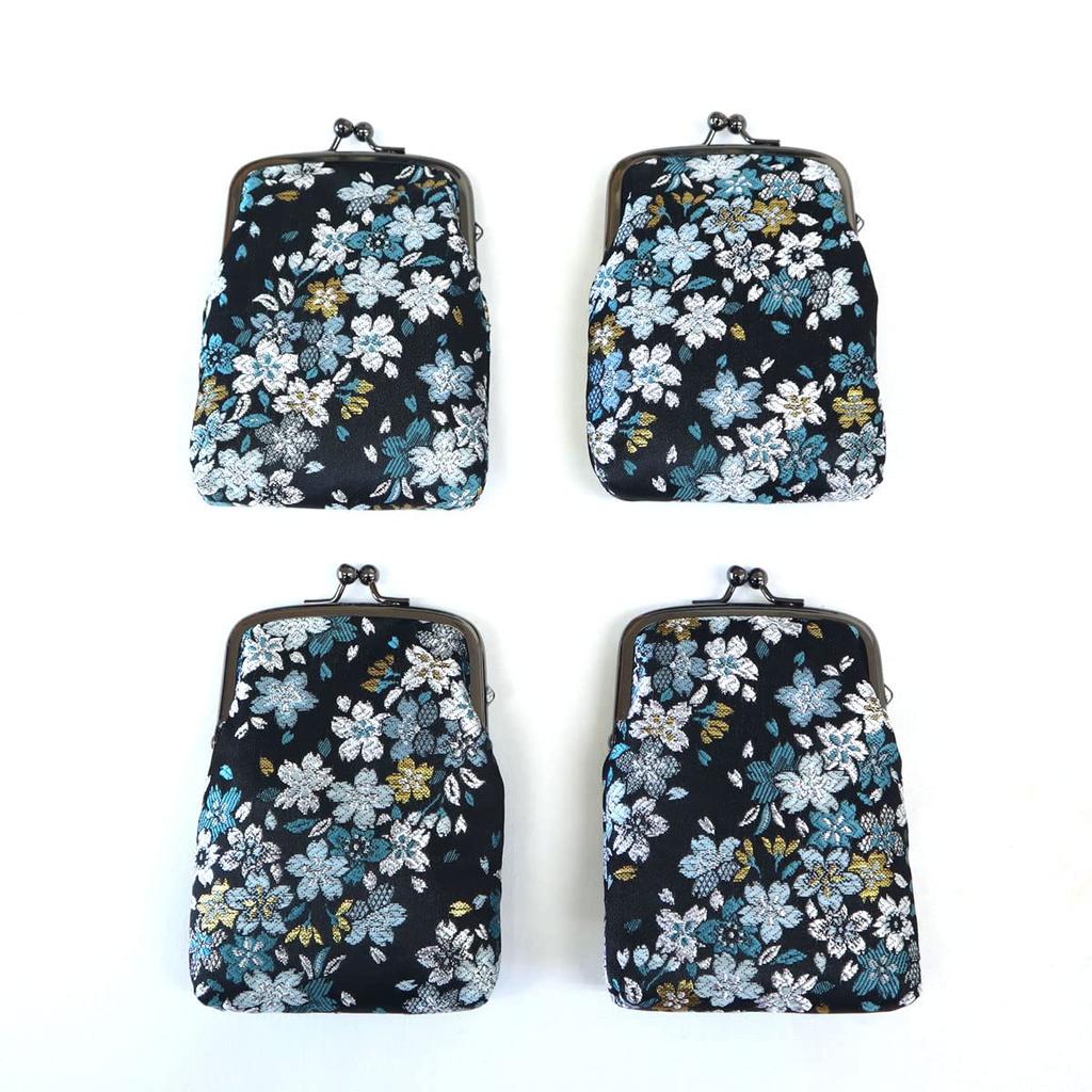 COCOLUCK Coco Luck Clasp Purse with Japanese Gold Brocade and Nishijin Accessory Made in Vertical Cherry Blossom Pattern, Weave, Wallet, Case, Pouch,