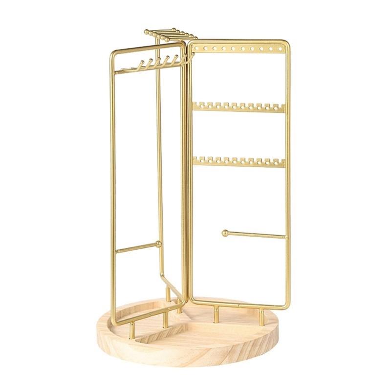 

Modern Rotating Earring Organizer Stylish Jewelry Storage Rack Delicate Necklace Display Stand Rack with Wood Base золотий