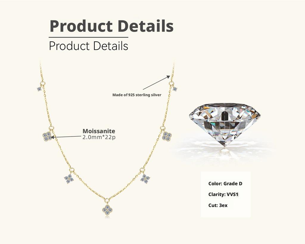 Fine 925 Sterling Silver Gold Plated Setting 0.66CT VVS GRA Moissanite Jewelry Four Leaf Clover Chokers Necklaces for Women