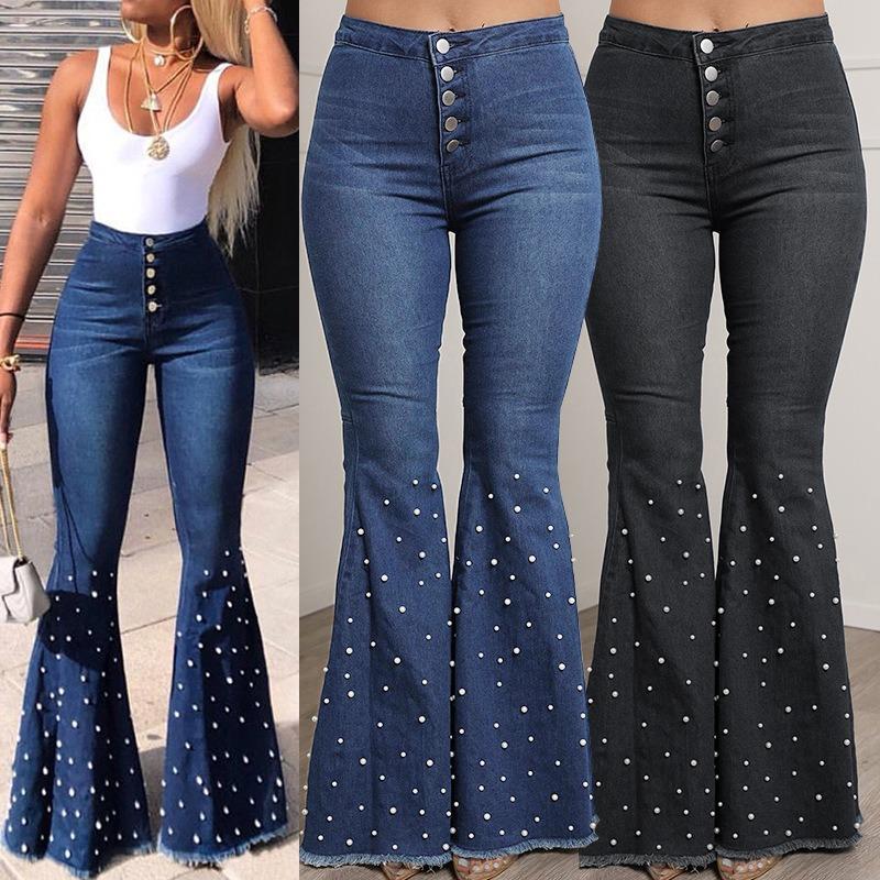Women's version of jeans, new fashion hot-selling high-waisted elastic and thin loose beaded flared pants
