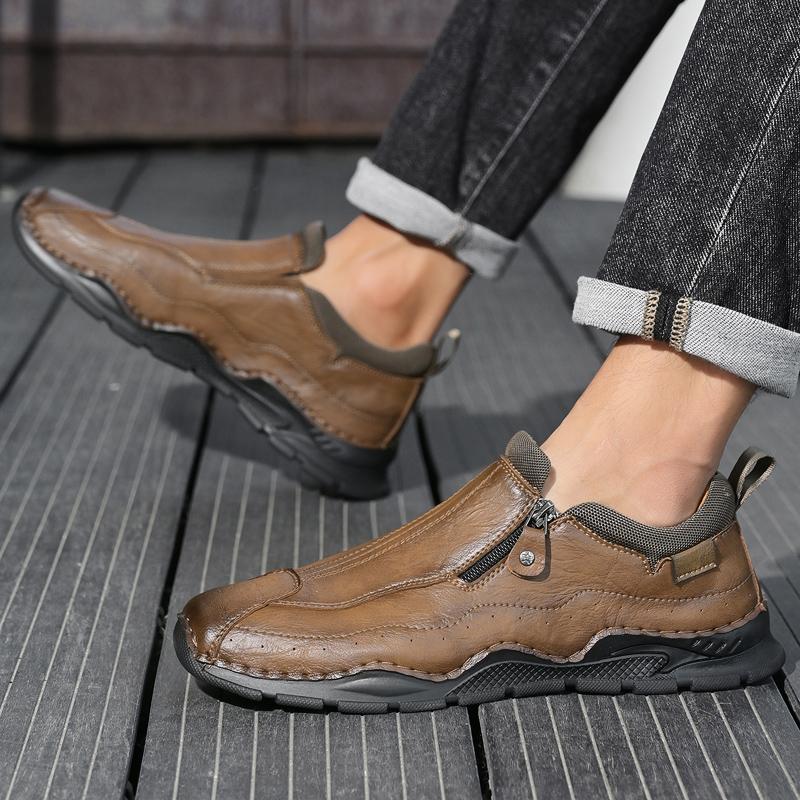 Men's Low-top Leather Shoes Zipper Casual Sneakers Plus Size 39-46