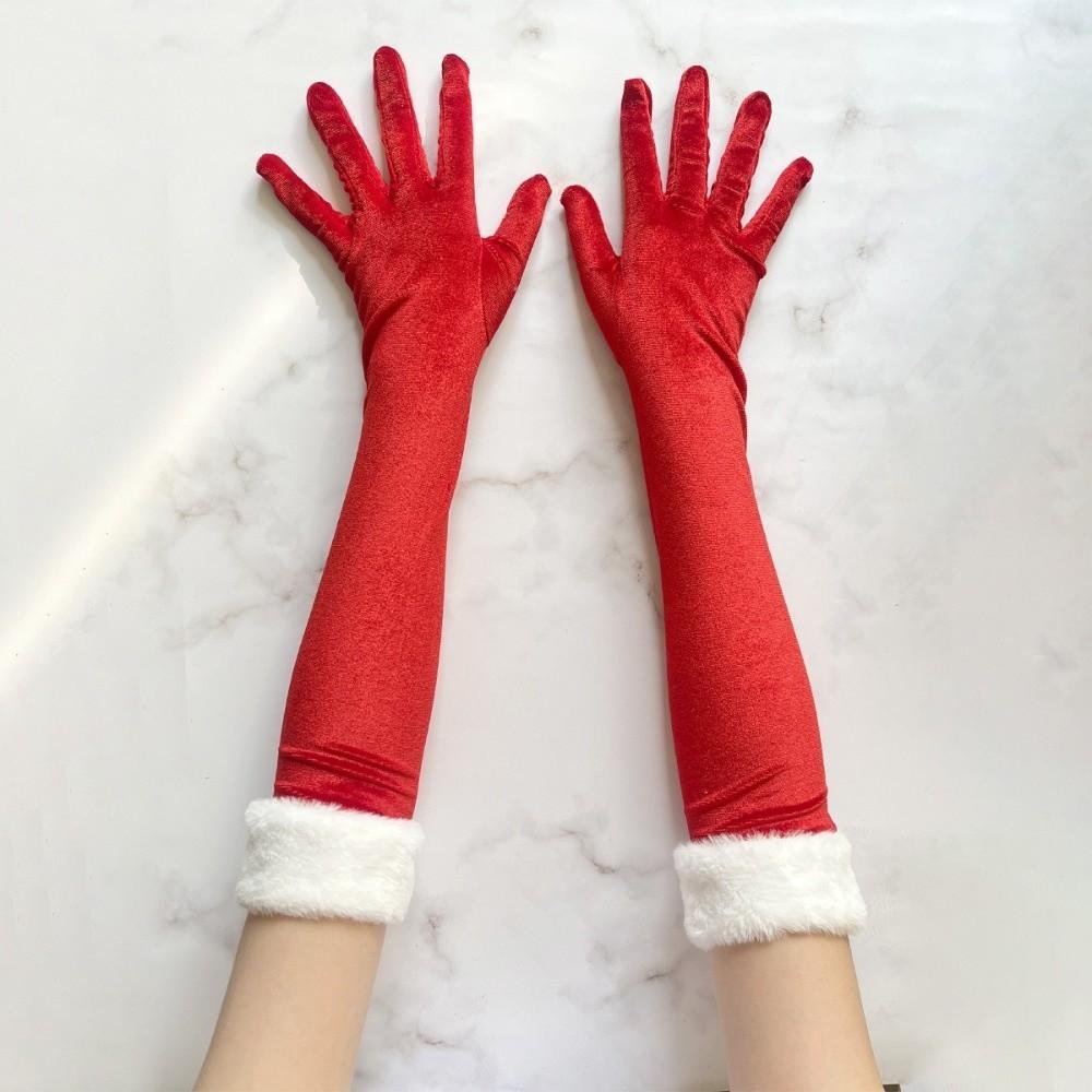 White Furry Cuff Christmas Gloves Plush Etiquette Mittens Red Velvet Long Gloves Winter