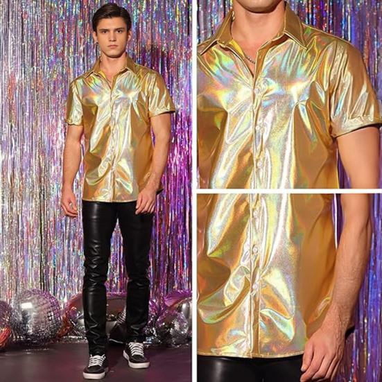 Pánská lesklá metalická košile s krátkým rukávem s klopou, zapínací na knoflíky, třpytivý disco outfit pro pódiové vystoupení, noční klub, taneční párty, bar