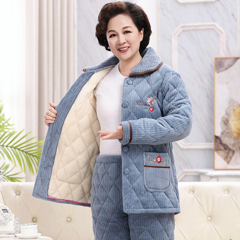 Women's Super Thick Three-Layer Velvet Pajamas - Winter Coral Fleece Quilted Homewear for Adults