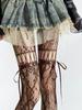 Women Sexy See Through Mesh Sheer Fishnet Stockings JK Uniform Bow Tie Strap Lace Bottoming Pantyhose New Design Beige Tights