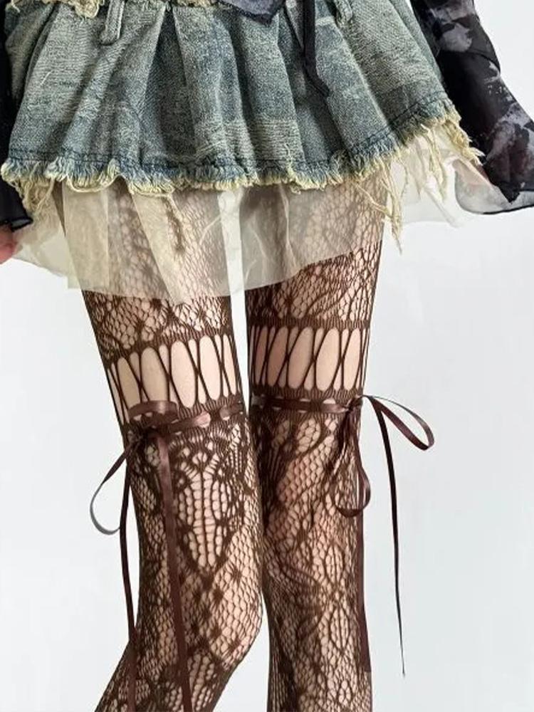 Women Sexy See Through Mesh Sheer Fishnet Stockings JK Uniform Bow Tie Strap Lace Bottoming Pantyhose New Design Beige Tights
