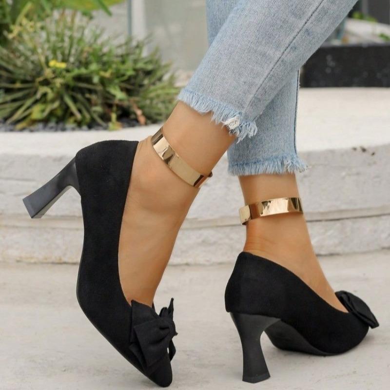 Suede Stiletto High Heels Women Spring New Temperament Pointed Toe Shallow Bow Non-Tired Foot Non-Slip High Heels
