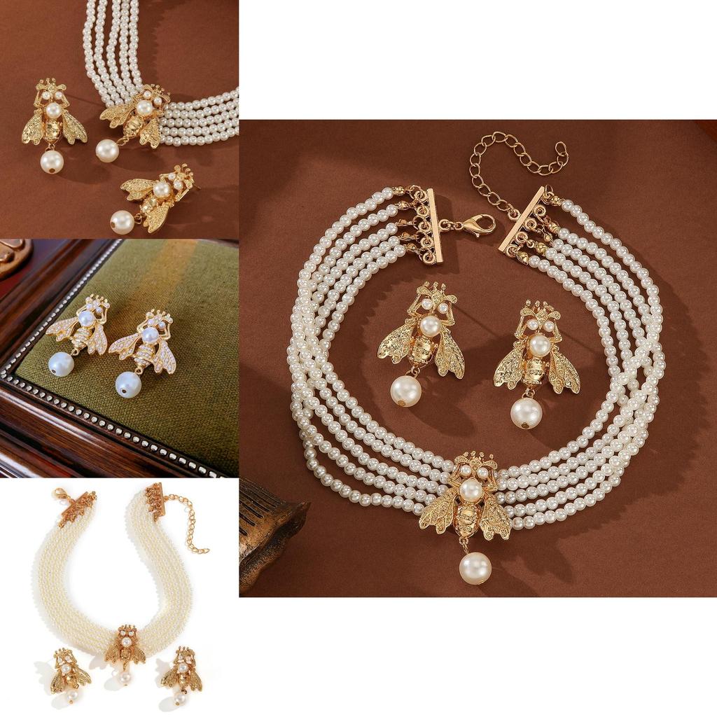 Pearl Animal Jewelry Set With Gold Small Bee Pendant And Earrings For Women