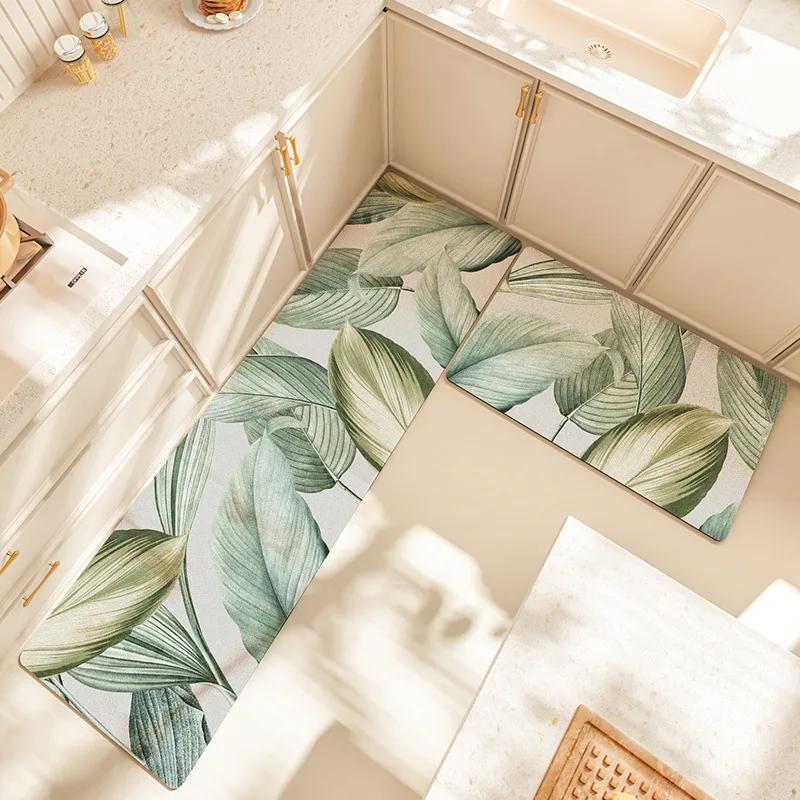 Fiber Leather Natural Rubber Kitchen Floor Mat, Soft Q-elastic Long Kitchen Mats Absorbs Water, Oil and Non-slip Foot Pads