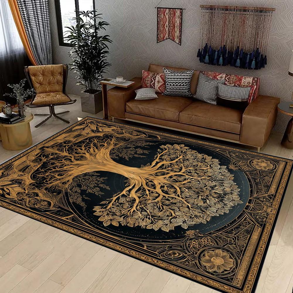 Luxurious Life Tree Pattern Area Rug Vintage Retro Style Leaf Root Design Home Decor Soft Mat Non-slip Carpet for Living Room