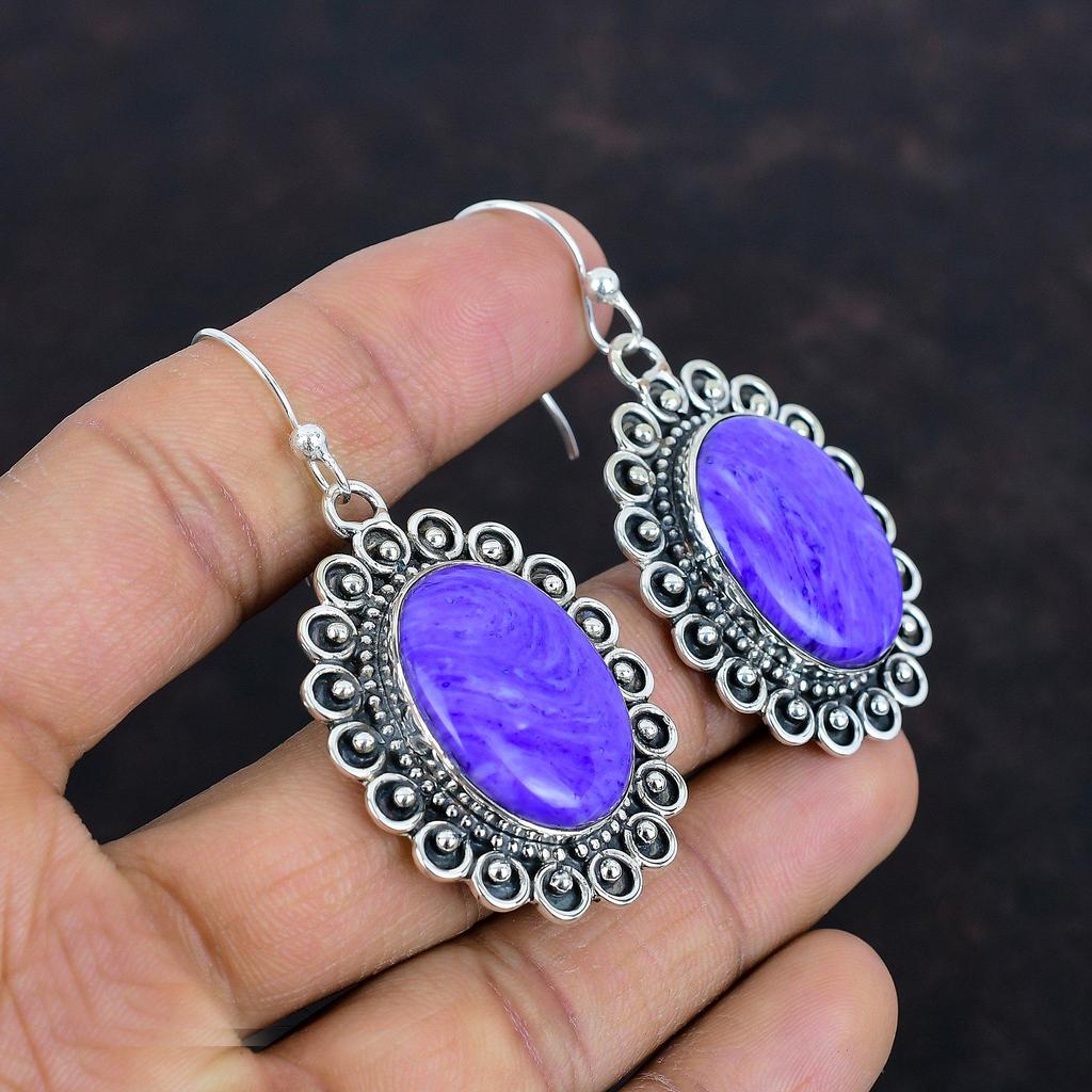 Charoitový drahokamový náušnice 925 sterlingové stříbro náušnice charoitové šperky ručně vyráběné náušnice náušnice s rodným kamenem zásnubní dárky elegantní šperky