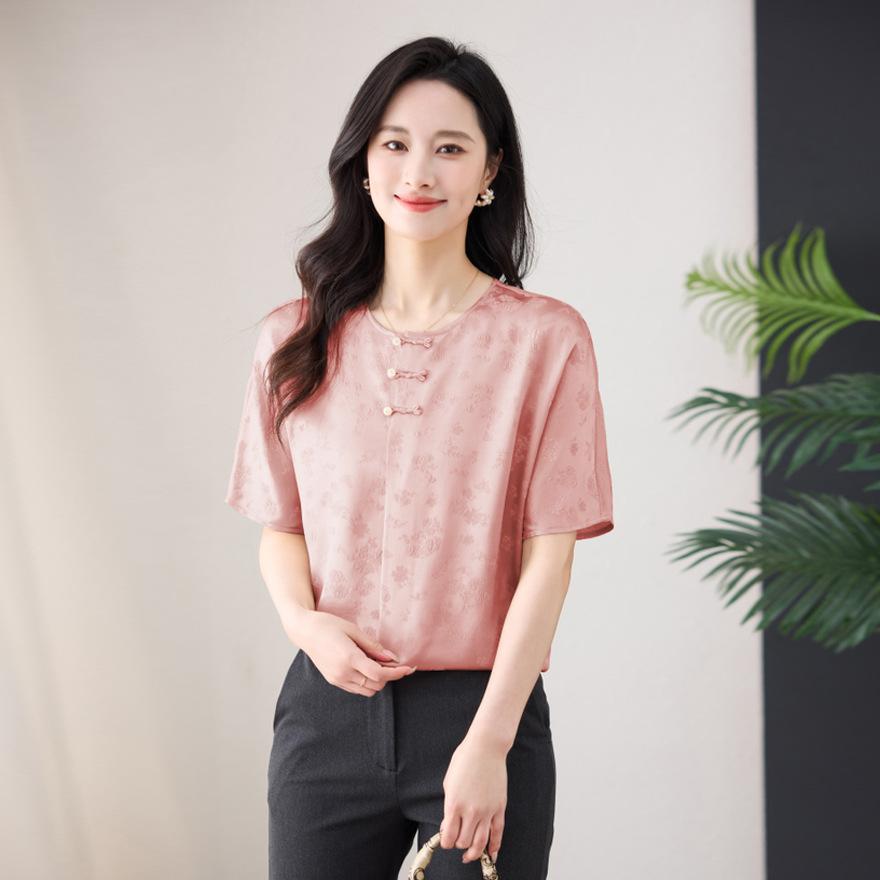 Light Silk Short-sleeved T-shirt Women's  New Crew Neck Shirt Loose Mulberry Silk Top
