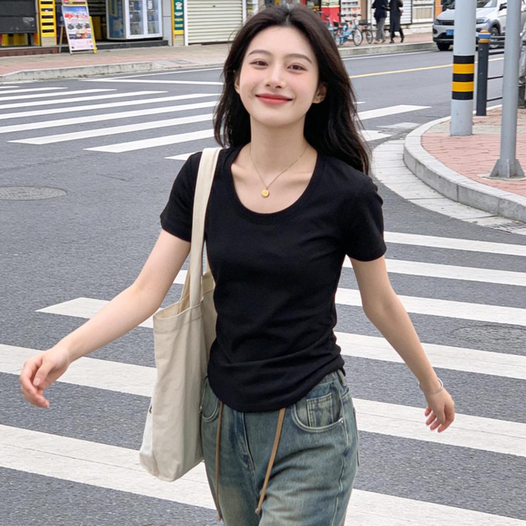 Women's Slim Fit Pure Cotton White Short-Sleeve T-Shirt - Round Neck, Versatile Basic Summer Top