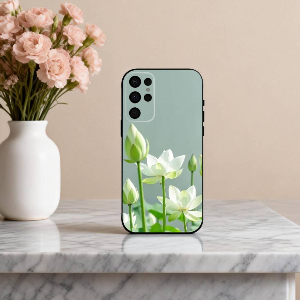 E-Emerald W-White Lotus Phone Case For Samsung S25,24,23,22,30,21,10,9,Ultra,Plus,Lite,FE,4,5 G Soft Black Case