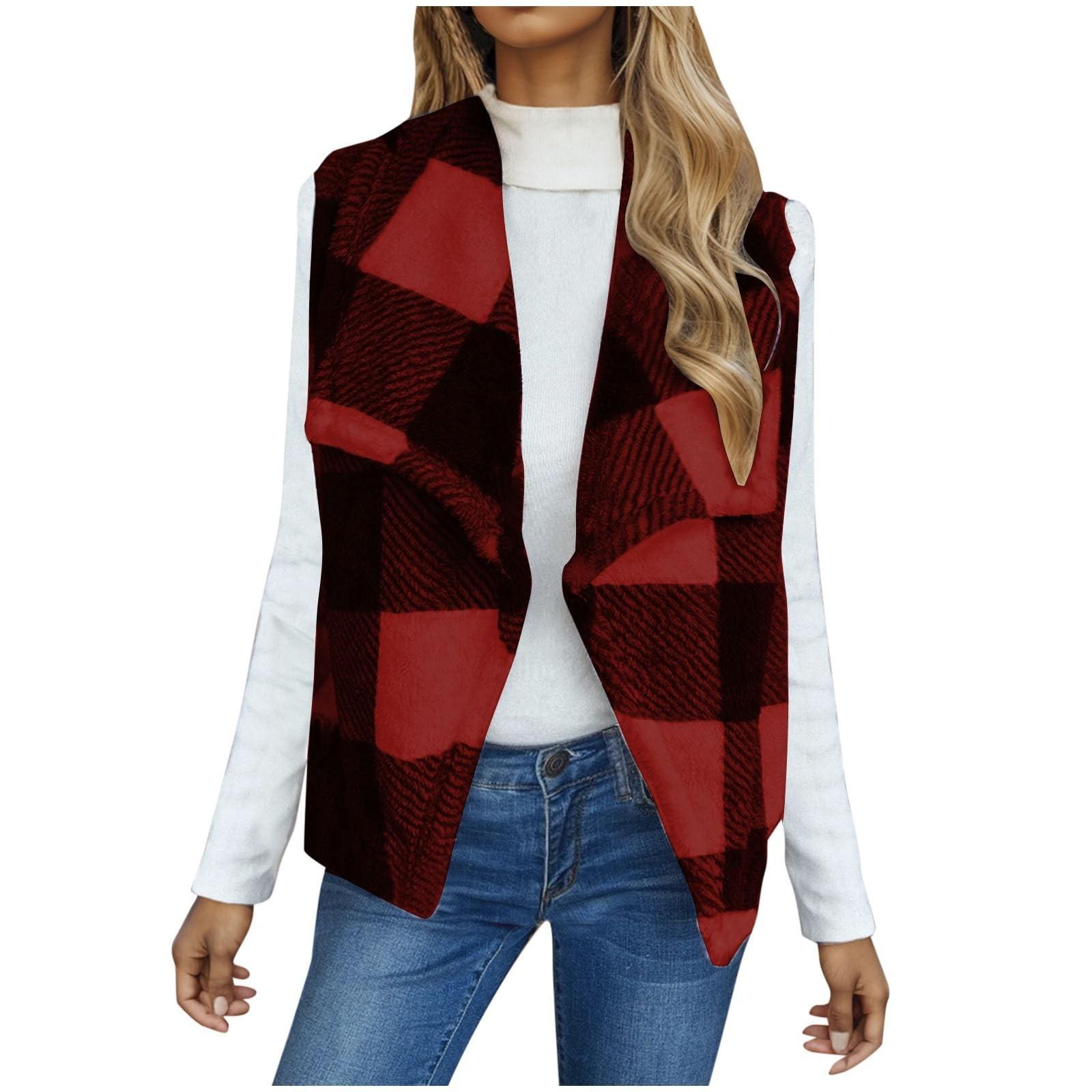 

Women Fuzzy Fleece Vest Sleeveless Jacket Flannel Plaid Jacket Plus Size Coat L винный