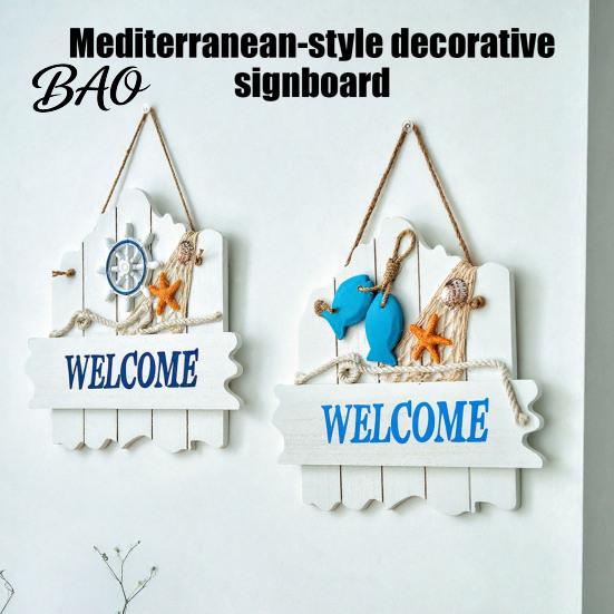 Beach House Accessories Mediterranean Style Wooden Welcome Sign, Starfish And Shells Hanging Seaside Inspired Wall Ornament Plaque, Decorative Art for