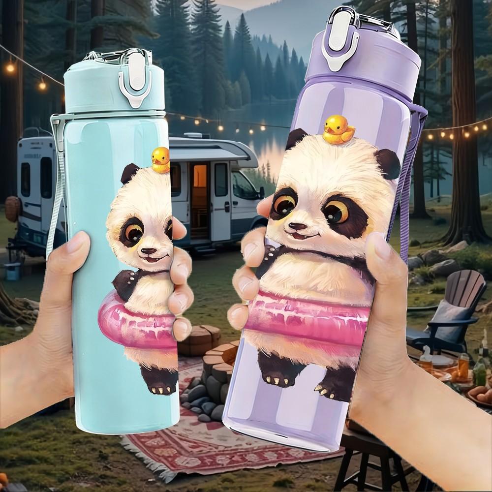 1PC Panda With Pink Swim Ring Pattern 750ml Color Plastic Sports Water Bottle Leakproof Flip Straw Lid Suitable for Sports Office Home Use