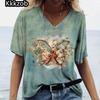 2025 Summer Women's T-Shirt Vintage Butterfly Printcasual Fashion V Neck Pullover Short Sleeve Loose Daily Tops Design Clothing