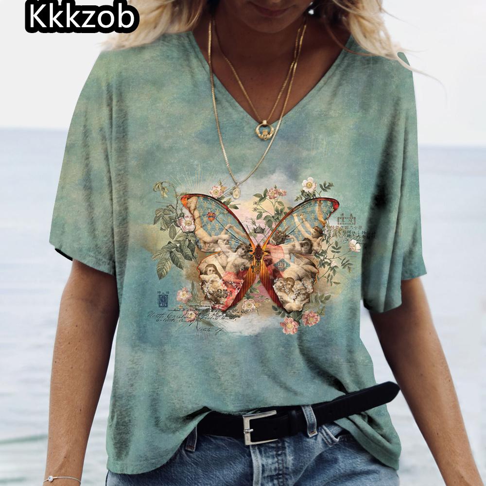 2025 Summer Women's T-Shirt Vintage Butterfly Printcasual Fashion V Neck Pullover Short Sleeve Loose Daily Tops Design Clothing