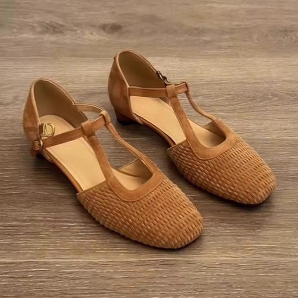 2025 new summer retro woven beautiful Roman sandals women's skirt hollow Mary Jane thick heel bag head single shoes