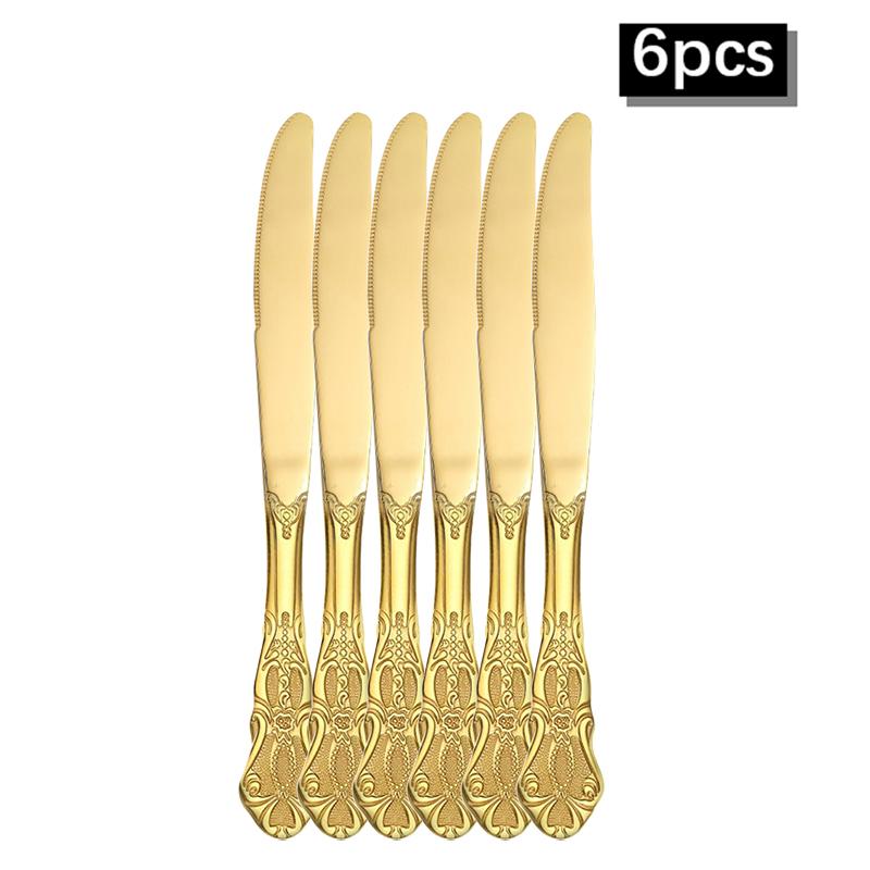 6/30pcs Gold Embossed High-end Stainless Steel Tableware Huangting Western Steak Knife and Fork Spoon Dessert Spoon and Fork