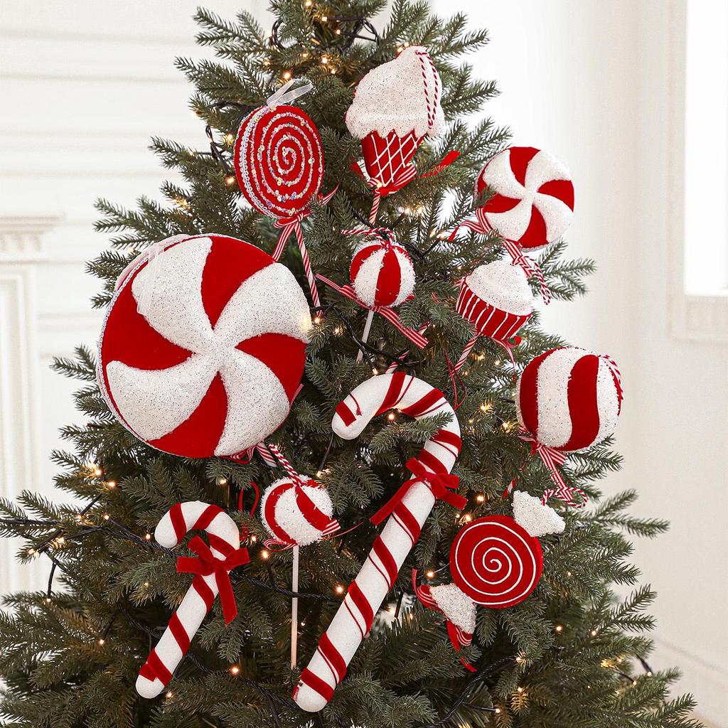 Red & White Plush Candy Christmas Balls Ornaments for Tree Decoration