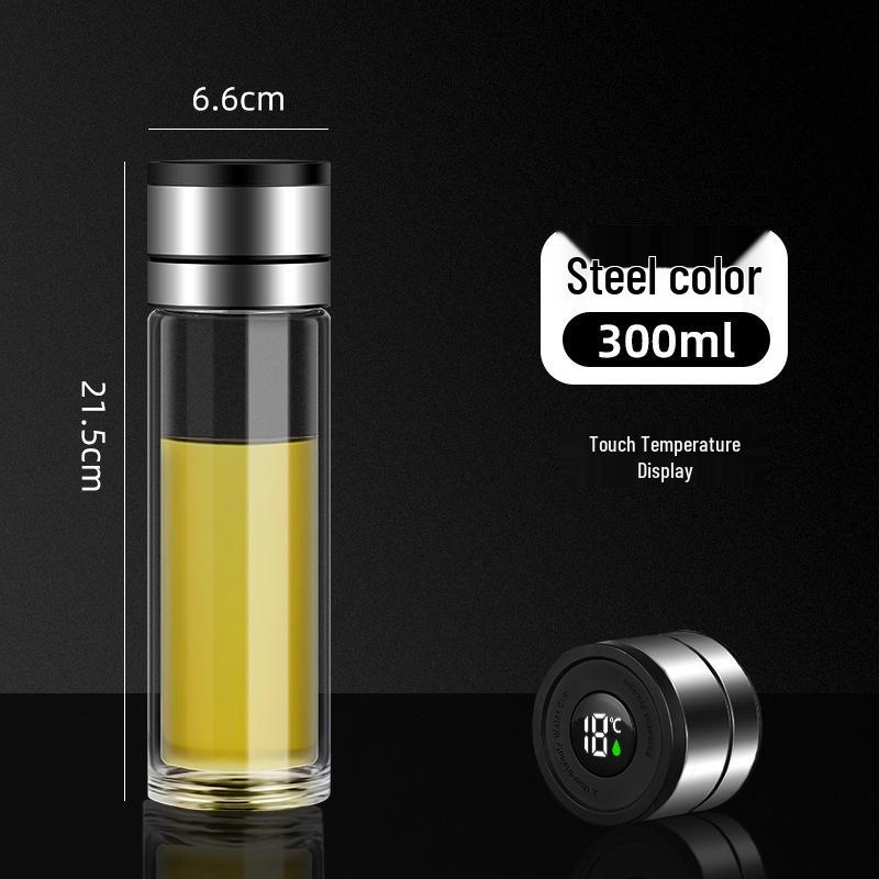 Men's Business Tea Infuser: Portable Double-Layer Glass Cup with Smart Temperature Display, Heat Insulation, and Anti-Scald Design.