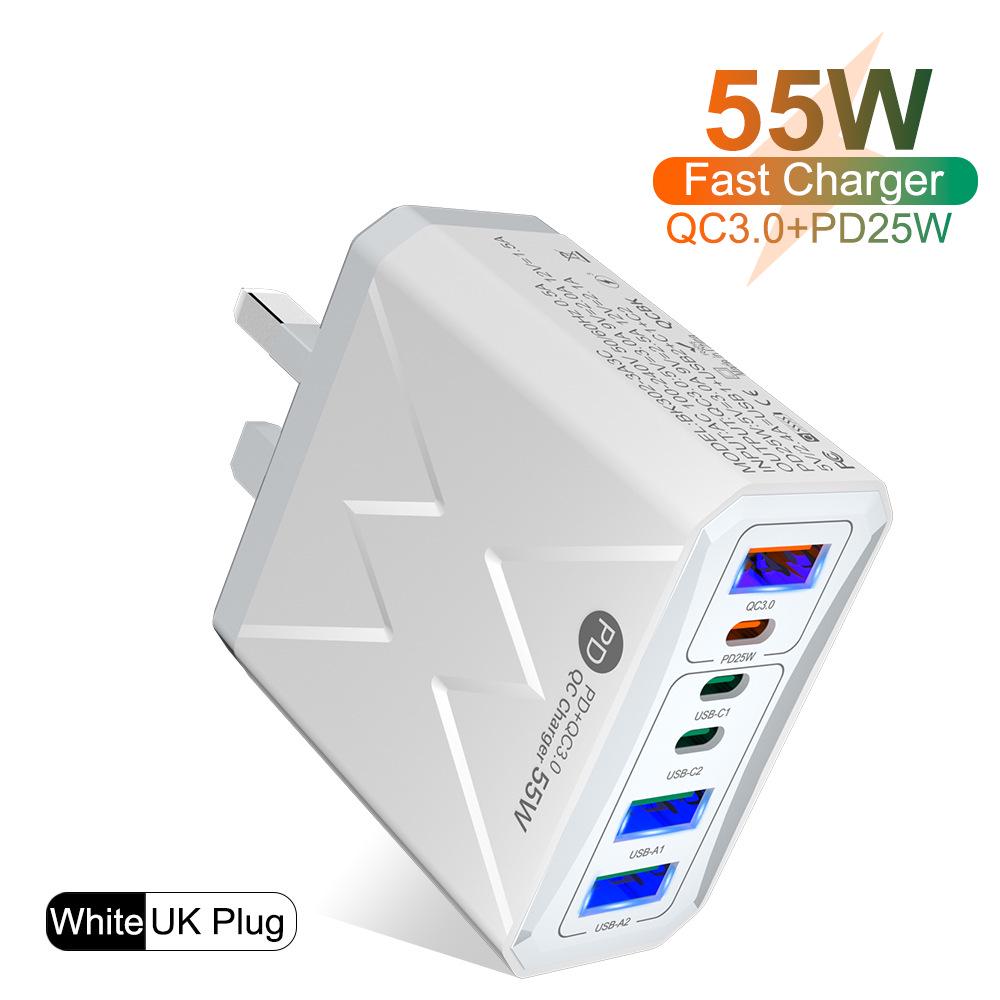 PD 25W 6-Port Fast Charger: 3 USB, 3 PD 55W with QC3.0 – EU, UK, AU Plugs
