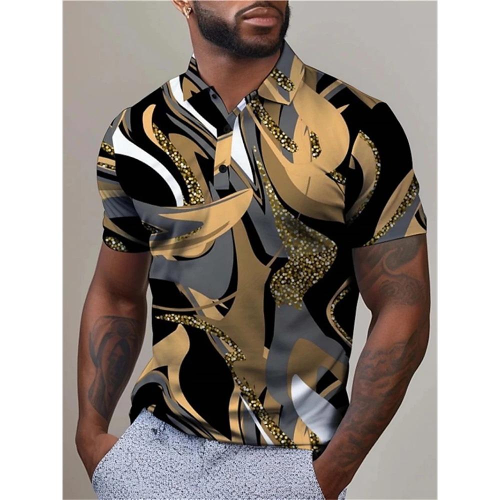 Herren Polohemden 3D-Druck Künstlerisches Streifen-Grafik-Polohemd Sommer Mode Lässig Kurzarm Herren Knopf Revers Golfhemden