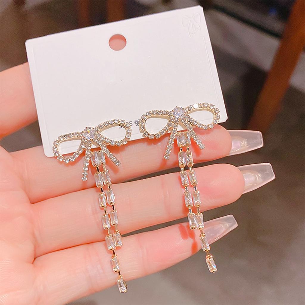 S911 silver needle charm zircon bow long fringed stud earrings women's light luxury niche super fairy temperament earrings