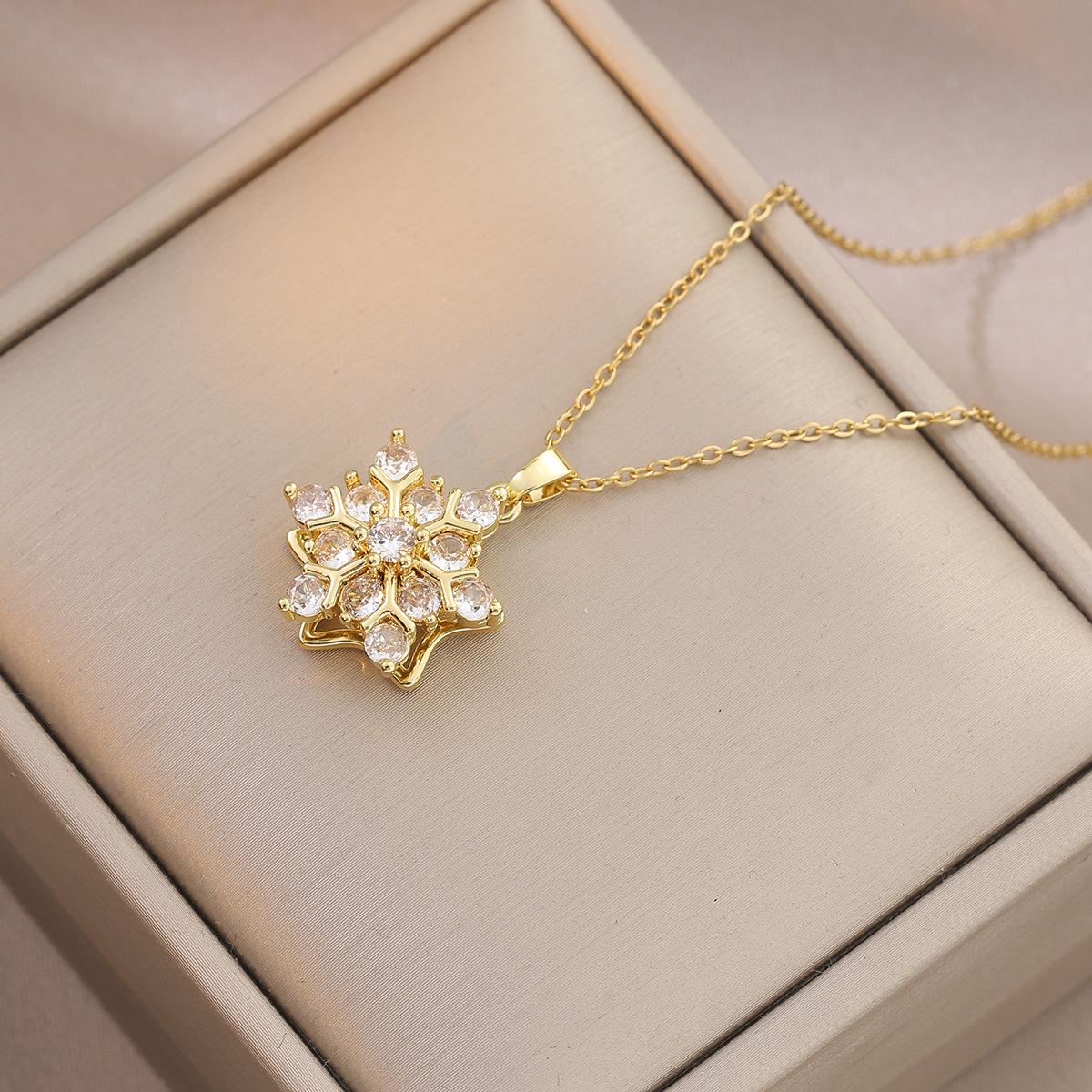 

Luxury Shiny Zircon Rotatable Flower Pendant Necklace for Women Gold Color Stainless Steel Chain Jewelry Party Wedding Accessory